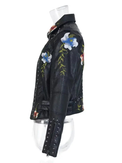 Floral Print Faux Leather Jacket - Women’s High Street