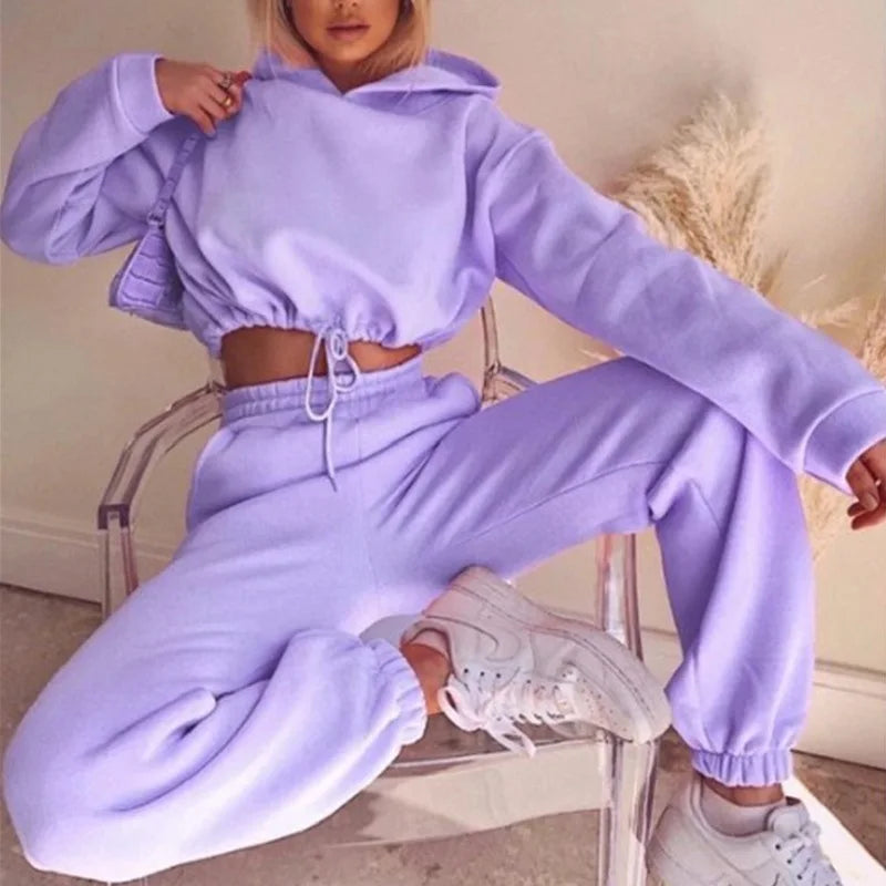 Women's Hooded Pullover Tracksuit - Plus Size, Purple Home Sweatpants Set