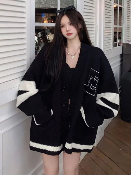 Deeptown Korean School Student Black Baggy Cardigan Women Preppy Style Oversized Loose Letter Embroidery Knitted Top 2023 Autumn