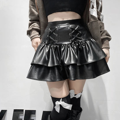 Pu Leather Mini Skirts Punk High Waist Lace Up Bandage Black Pleated