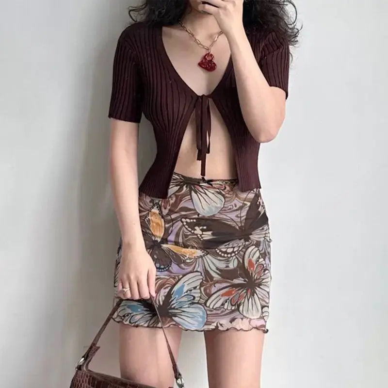 Korean Style Mini Bodycon Skirt Butterfly Print High Waist