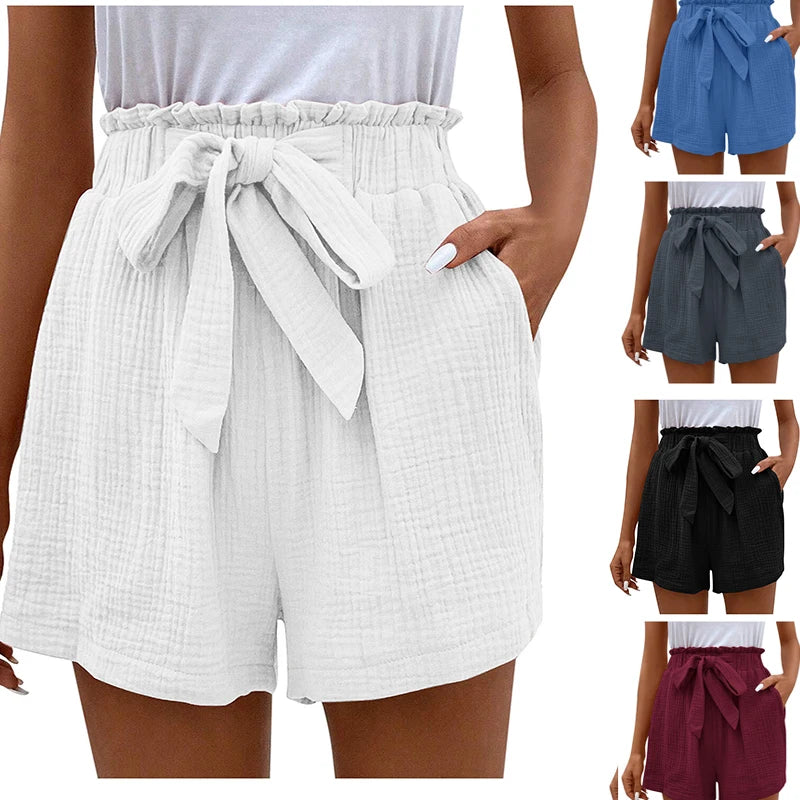 Women's Cotton Linen High Waist Shorts Sweet Bow Tie Hotpants