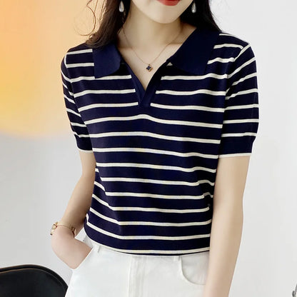 Women  Summer  POLO T-Shirt Causal Cotton Short Sleeve Lady T Shirt Striped Summer Female Trendy Fashion Top Tee