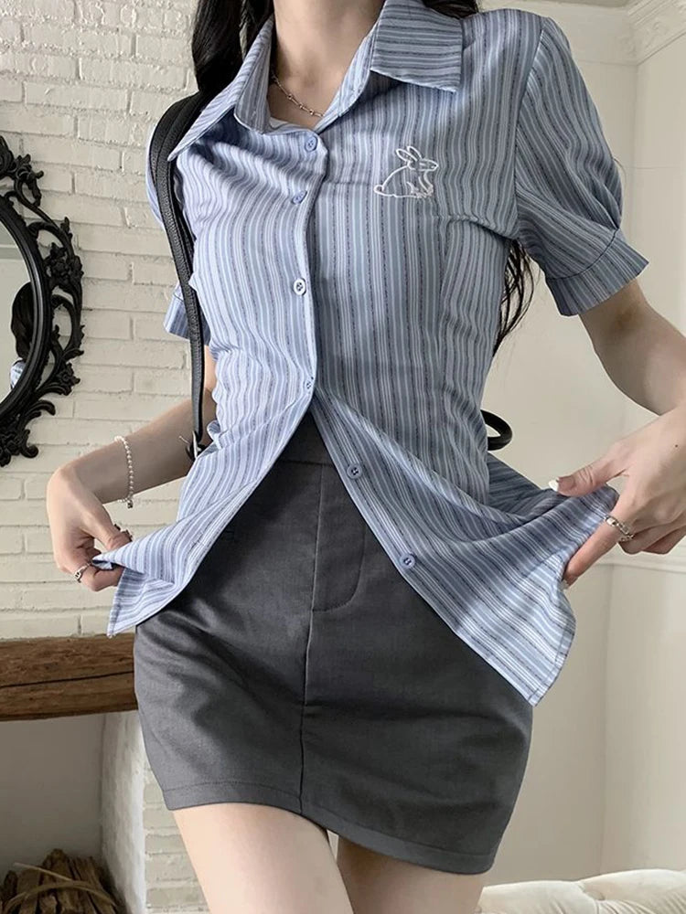 Jmprs Vintage Striped Slim Shirt Women Korean Short Sleeve Casual Blouse Summer Design Embroidery Sweet High Quality Retro Tops