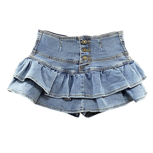 Single-Breasted Ruffles Denim Skirt High Waist Summer