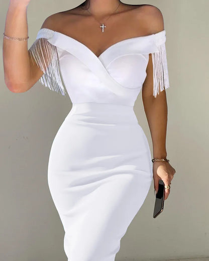 White Dresses Elegant Off Shoulder Tassel Midi Formal Party Dress