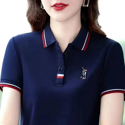 Women's Short Sleeve T-shirt 2024 New Middle-Aged Women's Lapel T-shirt Loose Female's Embroidery Contrast Polo Shirt