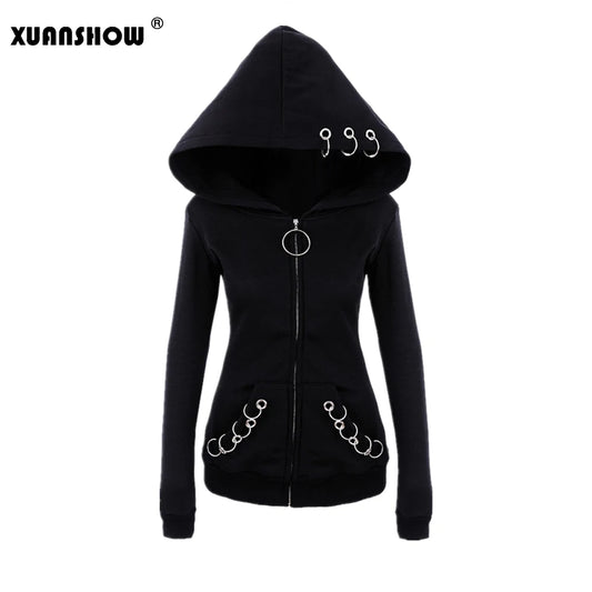 XUANSHOW 2023 Gothic Hoodies - Punk Iron Ring Sweatshirts, Zip-up Black Jacket