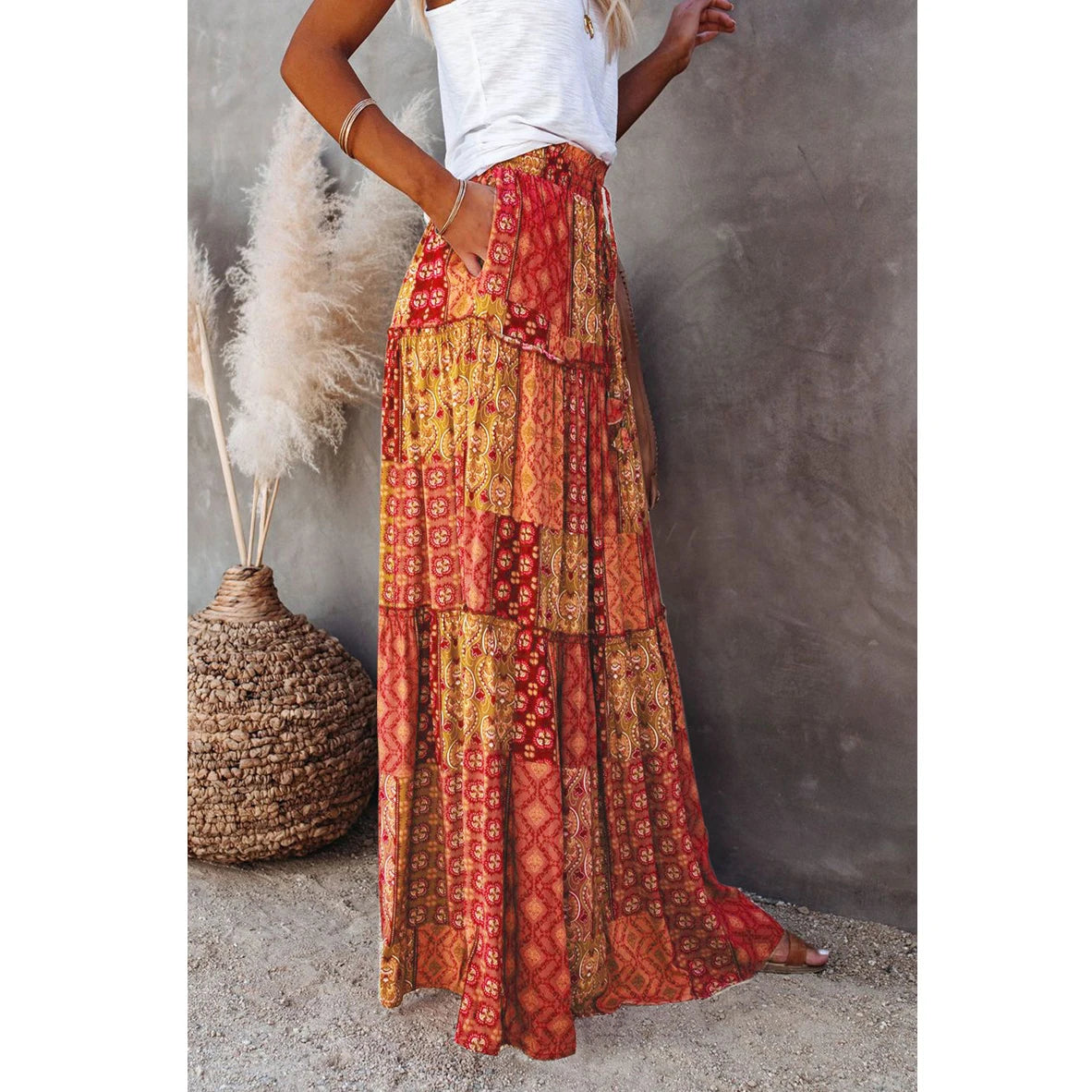 High Waist Maxi Skirt Elastic Pocket Long Women's Summer