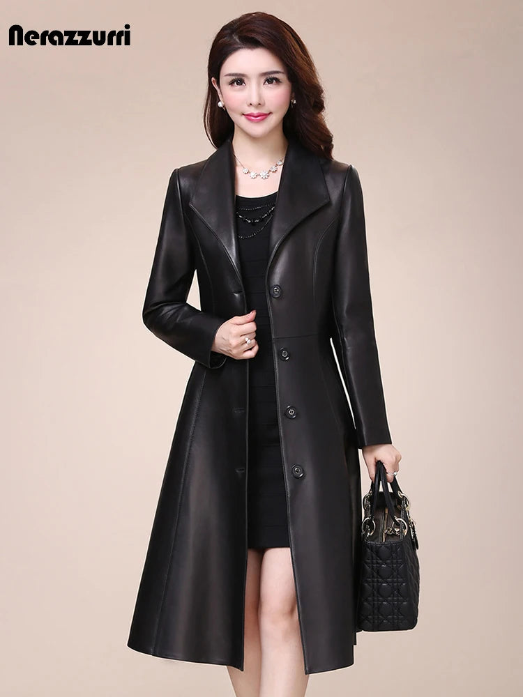 Nerazzurri Spring Autumn Long Black Soft Faux Leather Coat Women Slim Fit 2021