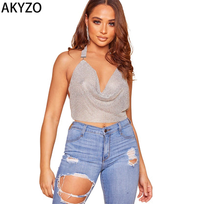 AKYZO Rhinestone Draped Halter Neck Vest Sexy Backless Tie Back Sleeveless Party Vest Women's Clothing