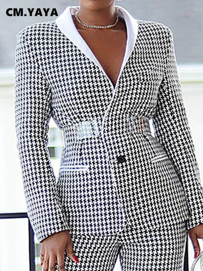 Elegant Houndstooth Blazer Suit - 2 Piece Autumn Winter