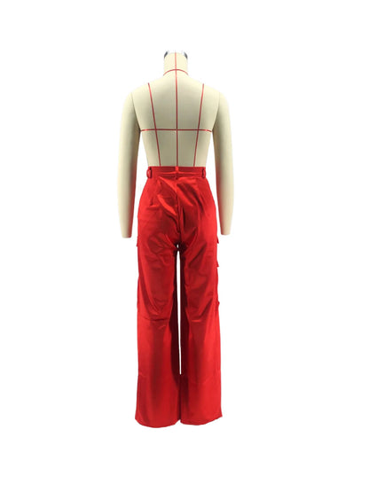 Spring Summer Cargo Trouser Casual Streetwear Satin Stretch High