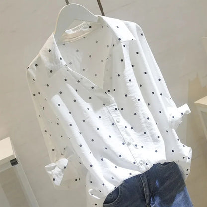 White Button Up Shirt Women Short Sleeve Top Summer 2024 Novelties Clothes Korean Fashion V-Neck Polka Dot Elegant Blouse Cotton