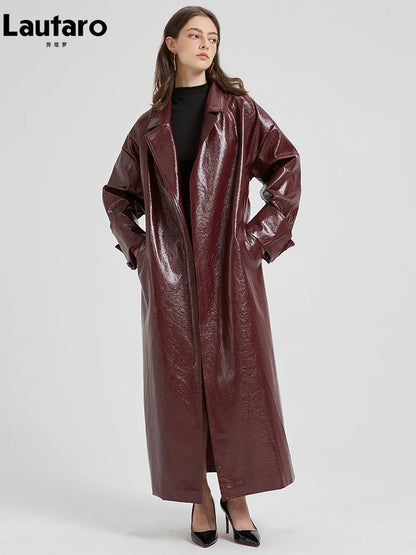 Extra Long Burgundy PU Leather Trench Coat - Women's Belted Designer Maxi Overcoat