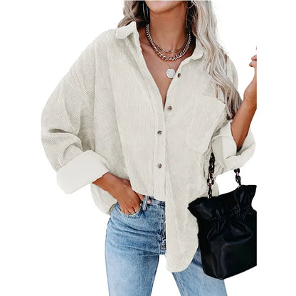 Spring Autumn Women Corduroy Shirt 2024 New Female Pocket Lapel Pure Color Blouses Women Long Sleeve Tops Casual Loose Overshirt