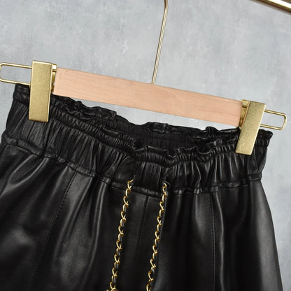 Women's Leather Shorts Sheep Skin Elastic Waist Wide Leg