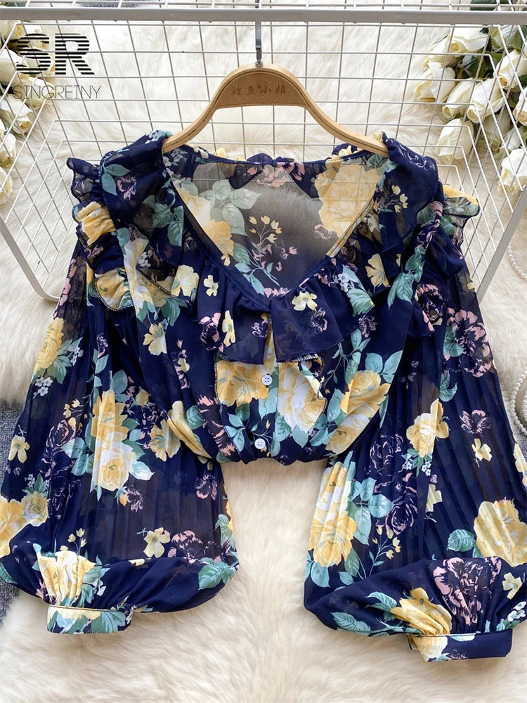 SINGREINY Floral Print Loose Shirt Women Lantern Sleeve V Neck Fashion Thin Causal Ladies Fashion Ruffles Summer Blouse