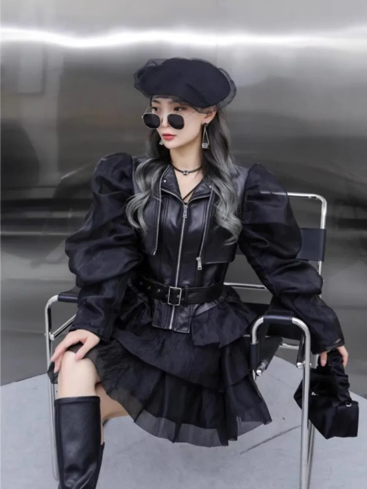 Punk Style Women Genuine Leather Jacket Patchwork Puff Sleeve Sheepskin Coat