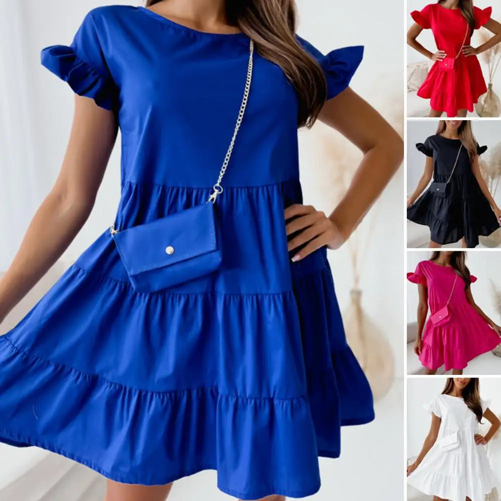 Fashion Women's Summer A-Line Patchwork Mini Dress with Flare Sleeves