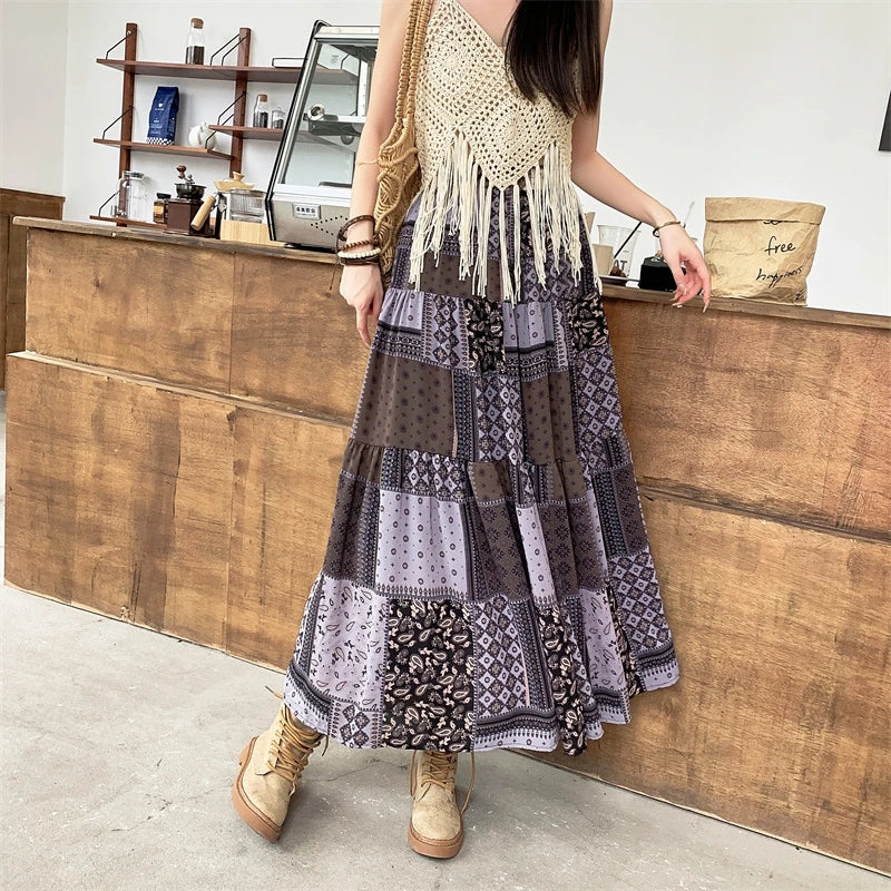 Spring/Summer Bohemian Long Skirt Women's Retro Elastic High Waist Patchwork