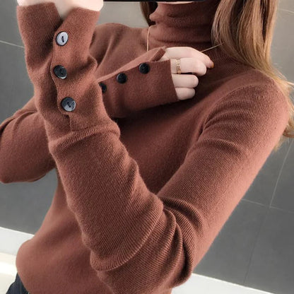 HELIAR Women Turtleneck Buttons Solid Warm Sweater Long Sleeve Knit Basic Pullover Slim Office Jumper For Women 2024 Fall Winter