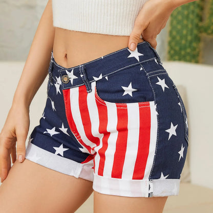 Fourth Of July Shorts Women's Flag Stretchy Denim Super