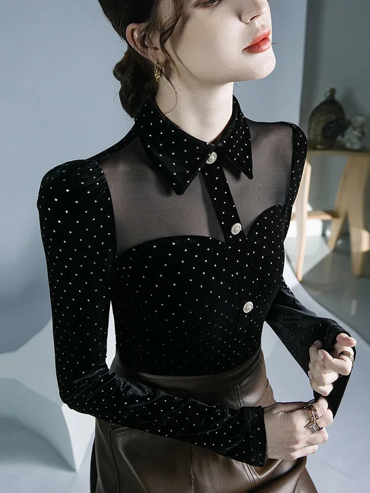 Black Vintage Doll Collar Polka Dot Gold Velvet Top Women's Autumn and Winter Gauze Splicing Perspective Sexy T-shirt