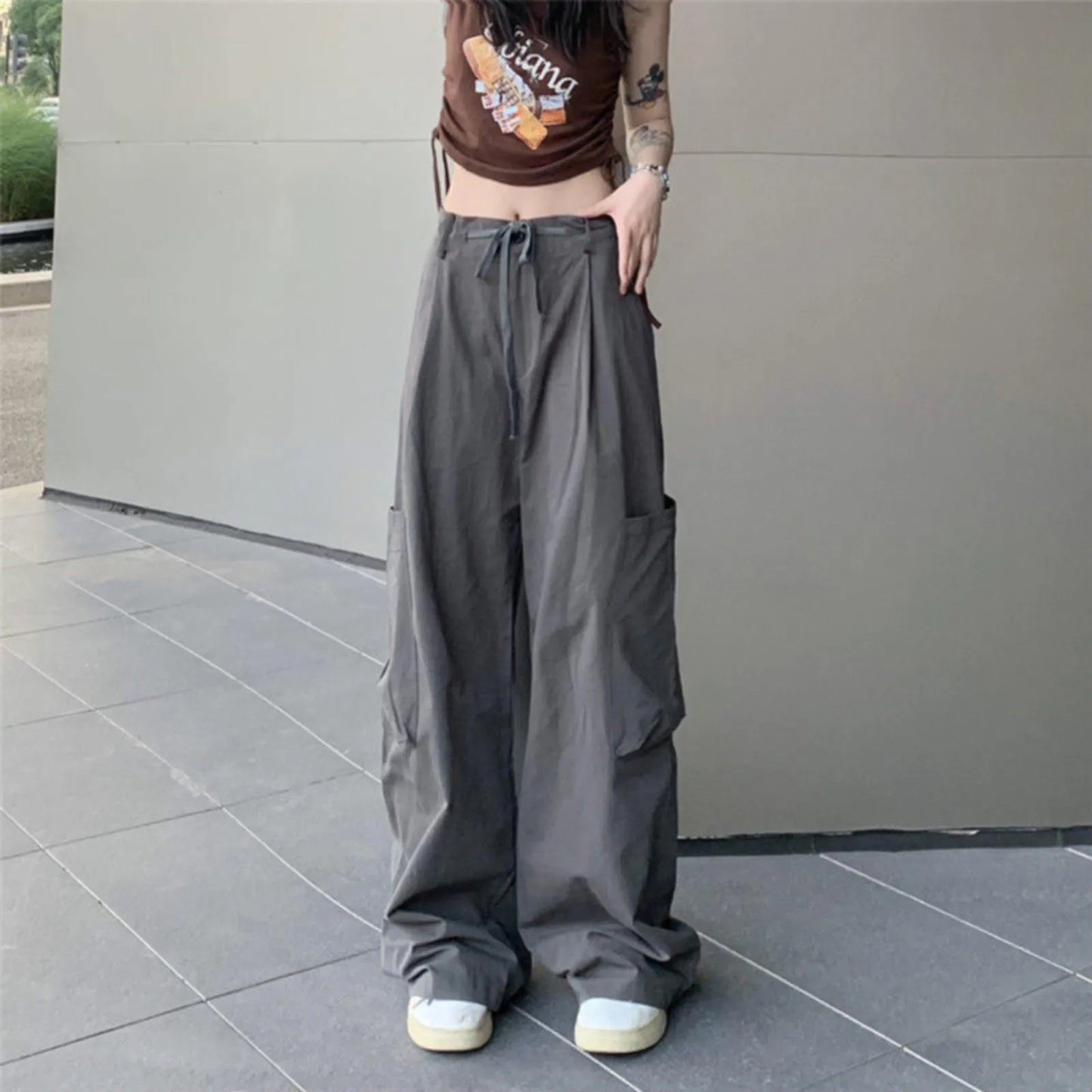 Women's Casual Wide Leg Cargo Pants Oversize Drawstring