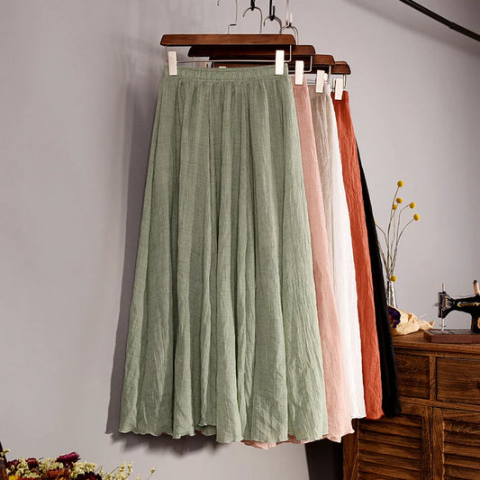 Linen Skirts Women's High Waist A-Line Long Pleated Elastic