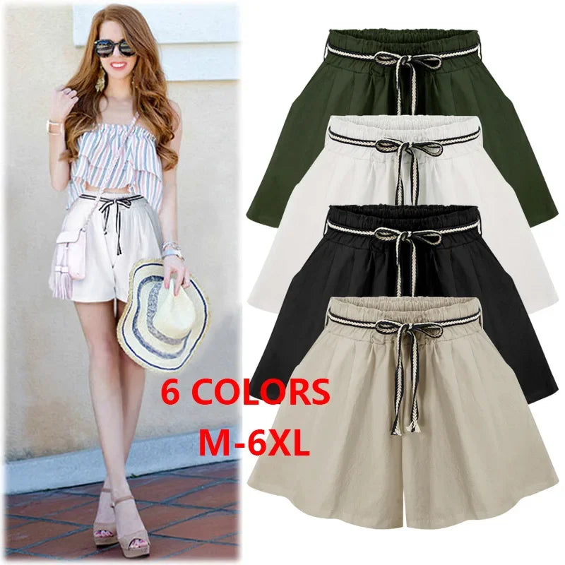 Summer Shorts High Waist Loose Drawstring Cotton Solid Casual