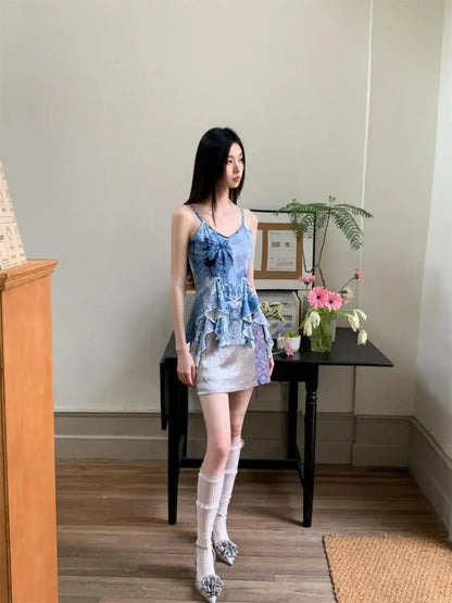 Yedinas Streetwear Blue Camisole Women Halter Tops Summer Korean Fashion Print Irregular Sleeveless Tank Tops 2000s Camis Y2k