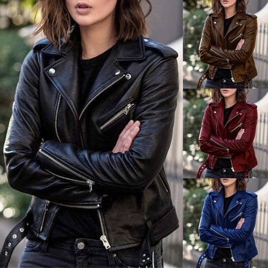 PU Faux Leather Jacket Women Slim Sashes Biker Jacket BF Style Black Coat