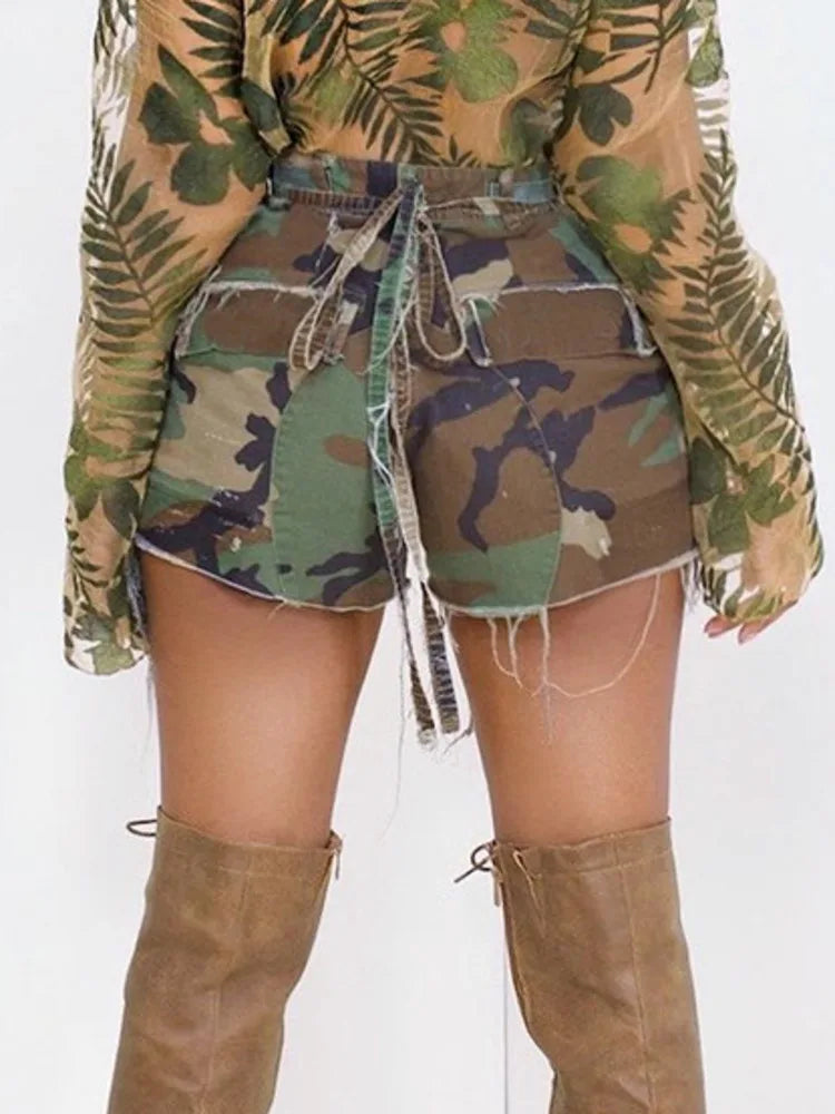 Fashion Women's Denim Shorts High Waist Loose Camouflage Tassels