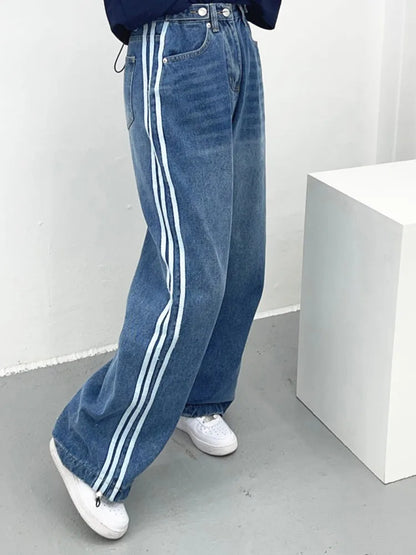 Korean Fashion Washed Blue Stripe Baggy Jeans Goth