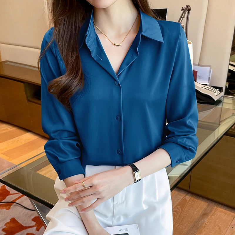 Fashion elegant satin shirts solid color ladies shirts causal Women's Blouses Spring Long Sleeve Shirts Tops Blusas Mujer