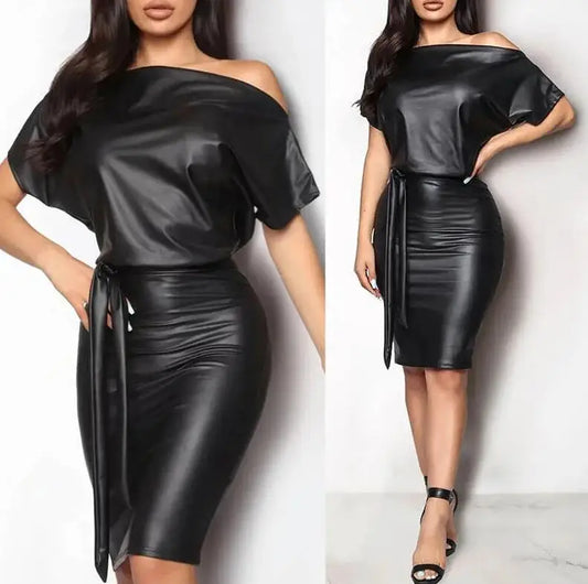 Asymmetrical Faux Leather Dress - Sexy Bodycon Long Sleeve