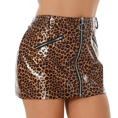 Leopard Print Patent Leather Mini Skirt High Waist