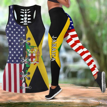 Cosmos Jamaica Lion Coat Arms Flag Printed Hollow Tank Leggings