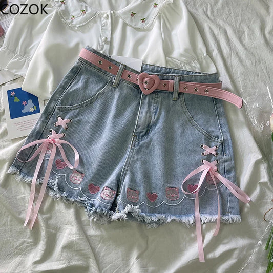 Japanese Chic Bandage Lolita Denim Shorts Sweet Cute Cartoon