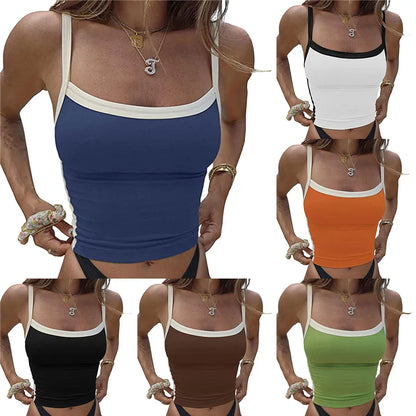 Women Crop Tops Spaghetti Strap Square Neck Contrast Color Slim Fit Camisoles For Women Summer Casual Short Tank Tops