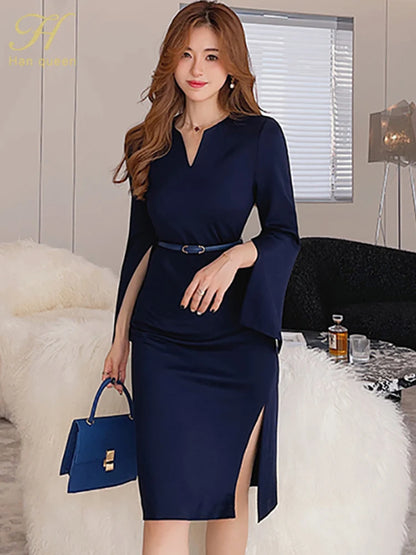 New V-Neck Split Vintage Dress - Chic Work Wear Bodycon