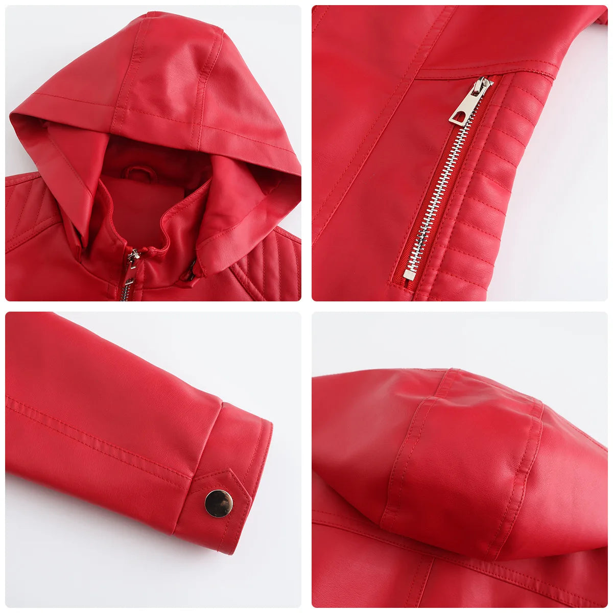 Women’s Hooded Leather Jacket - Windproof Fashion PU Coat