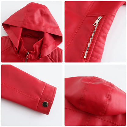 Women’s Hooded Leather Jacket - Windproof Fashion PU Coat