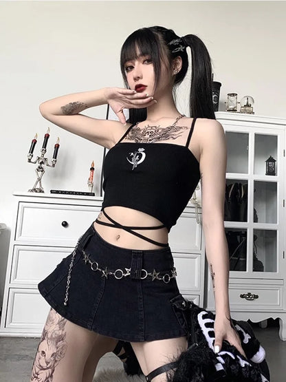 Gothic Women's Print Suspender Sleeveless Square Neck Slim Crop Top Sexy Halter Bottoming Shirt  Girls Party Wear