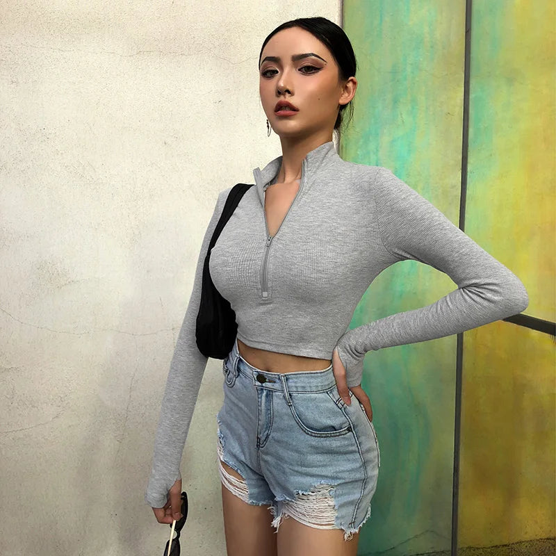 Casual Zipper Knitted Sweater Cropped Top Women Elegant Turtleneck Long Sleeve Pullover Spring and summer Club T-shir 20292P