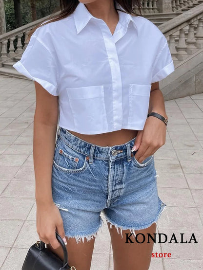 KONDALA New Chic Solid Casual Pockets Short Women Shirt Fashion 2023 Summer Short Sleeve Town-down Collar Streetwear Holiday Top