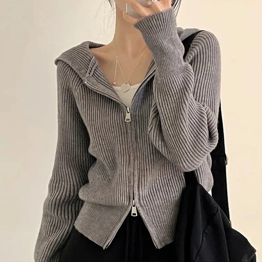 autumn winter Long sleeve Short coats Women korean zipper Knitted Cardigan casual loose solid hooded Sweater y2k Tops Sweaters