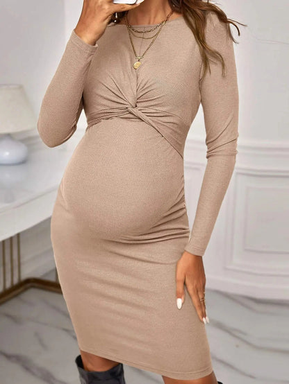 Solid Maternity Long Sleeve Dresses 2023 Pregnant Women Criss Cross Knitted Midi Dress