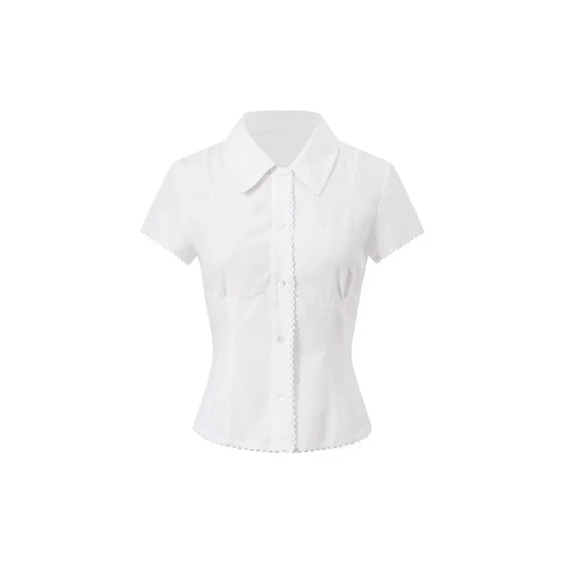 Deeptown Basic White Short Sleeve Shirt Women Button Sweet JK Blouses Aestheti Preppy Korean Fashion Summer Coquette Harajuku